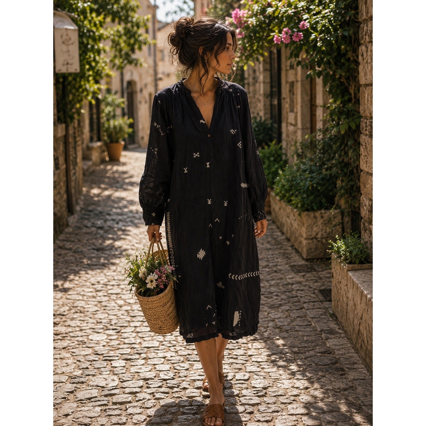 World of Crow Black Cotton Embroidered Midi Dress XL Long Sleeve Boho Artisan