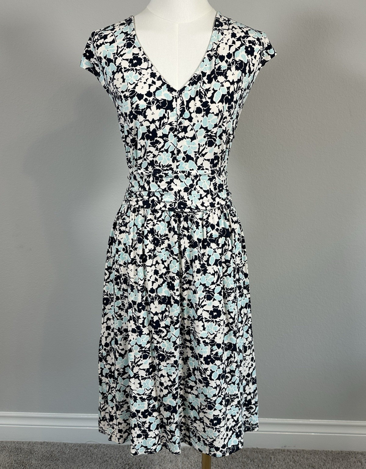 L.L.Bean Floral V-Neck Cap Sleeve A-Line Knit Dress Stretch Women’s L