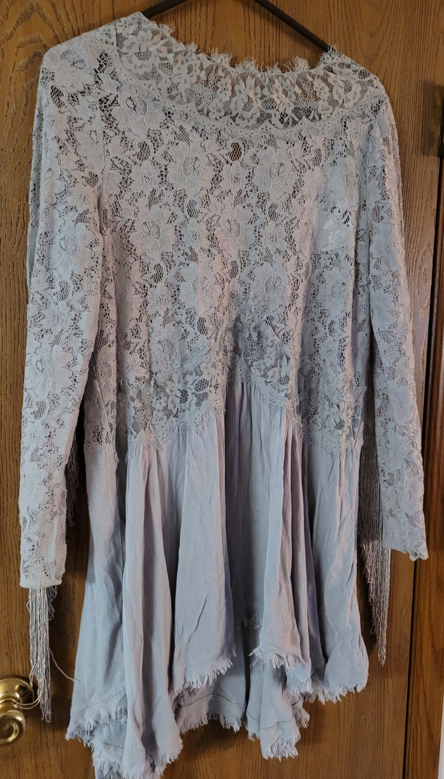 Boho Tunic Sz L Blue B Collection Gray Long Sleeved Lace Fringe Hip-hop NWT