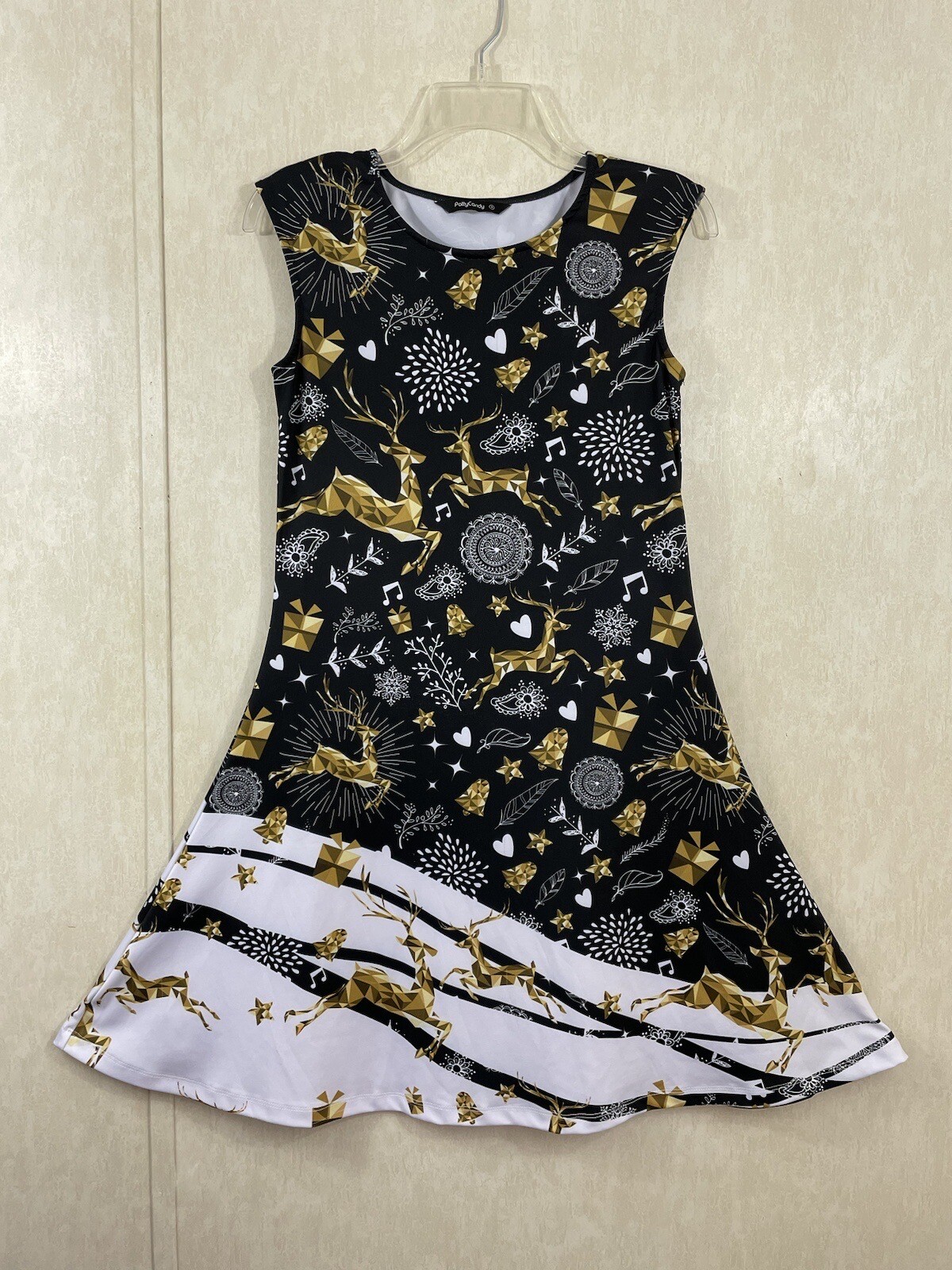 Patty Candy Holiday Dress Size Medium Black/White Gold Reindeer Stars Bells