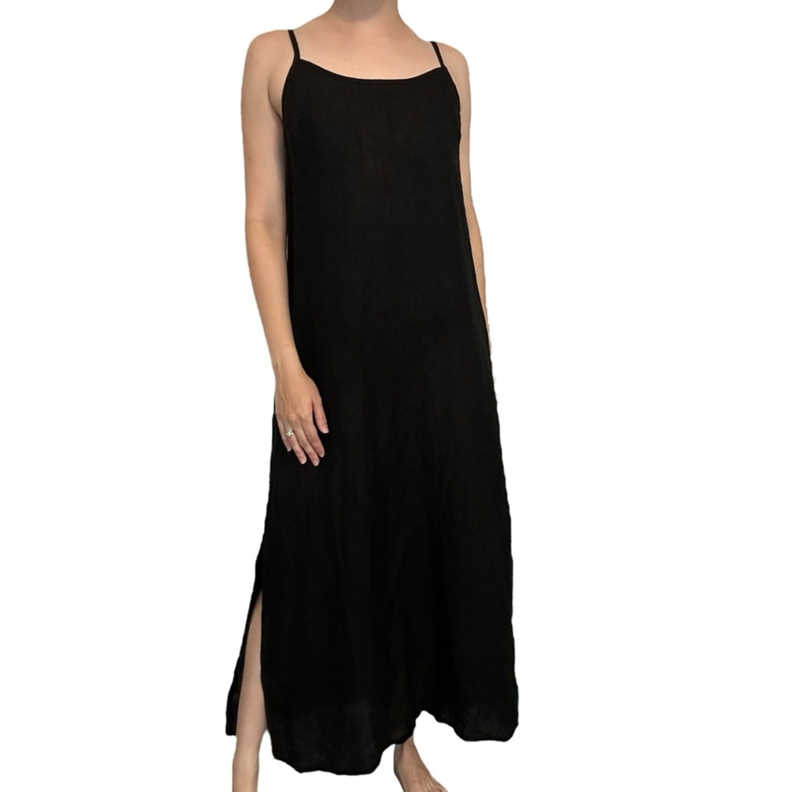 Becasa Maxi Dress 100% Linen Black Oversized Modest Lagenlook Size Small