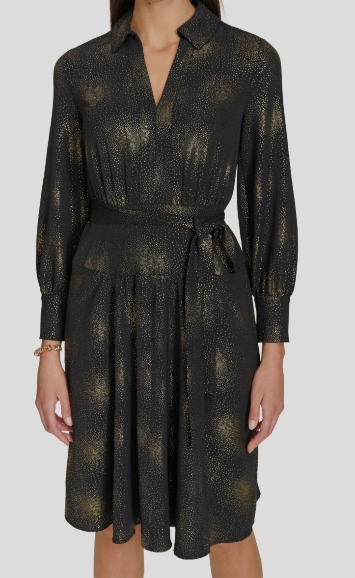 Calvin Klein Women’s Black Collared Self-Tie-Belt A-Line Dress Size: 8