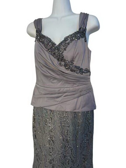 Decode 1.8 Silver Satin Beaded Ruched Top Lace Sequin Bottom Gown Size 4 $349
