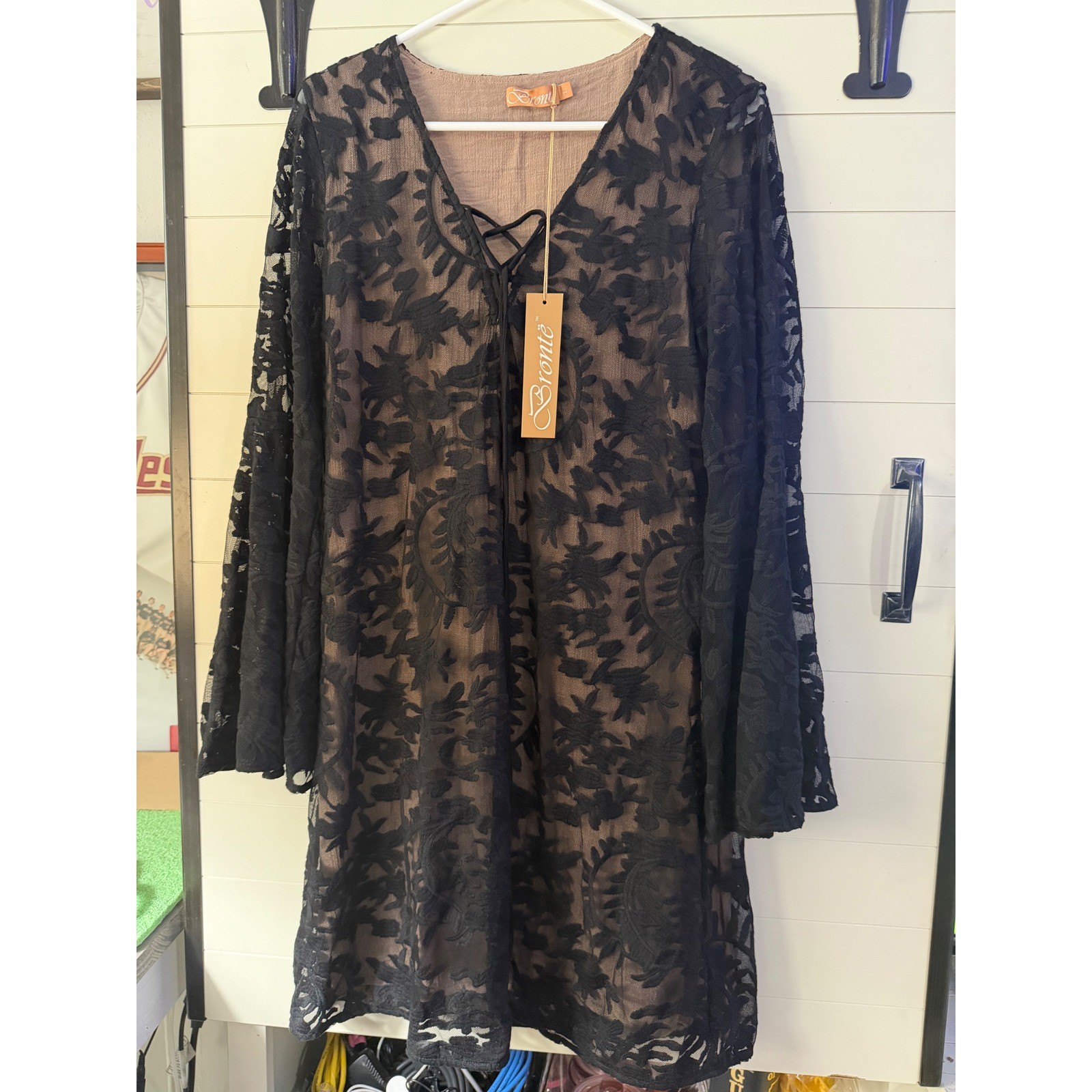 Brontë Women’s Large Black Embroidered Mesh Lace Overlay Dress Boho Sheer NWT