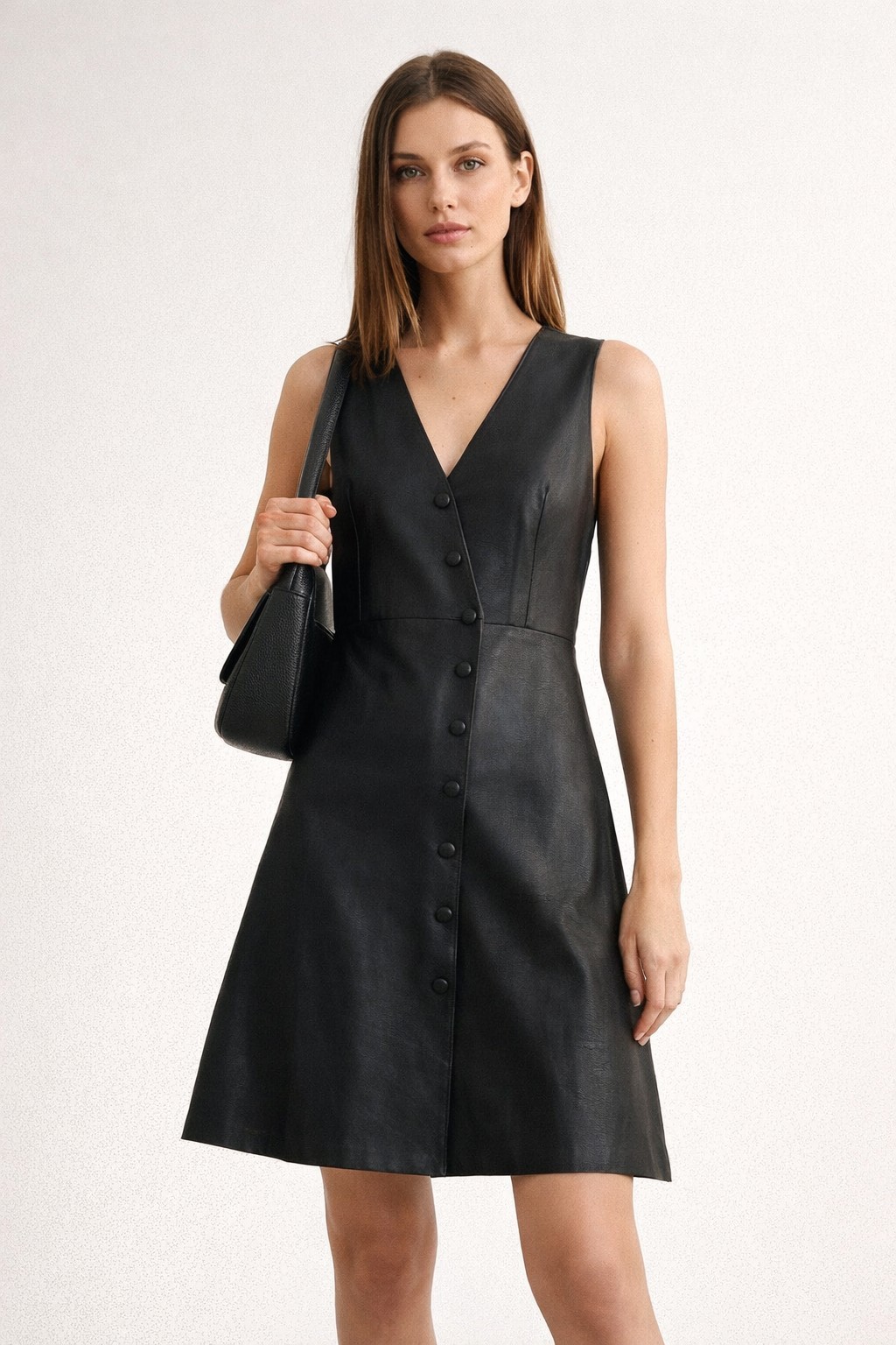 MNG Genuine sheep leather Black Sleeveless Button Dress XS Knee Length V-Neck