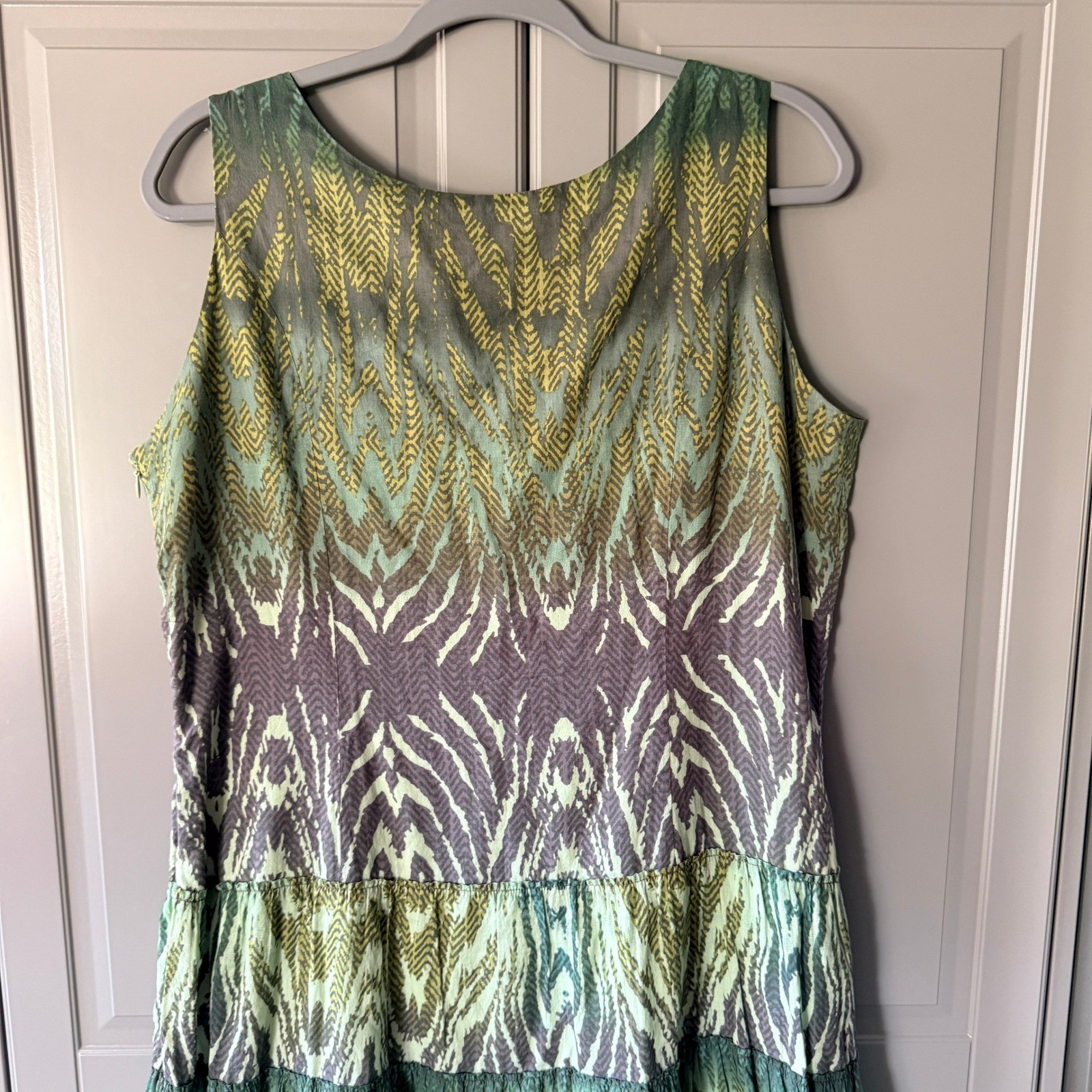 Reba Ikat Beaded Neckline Sleeveless Tiered Midi Dress ,Green Purple 10
