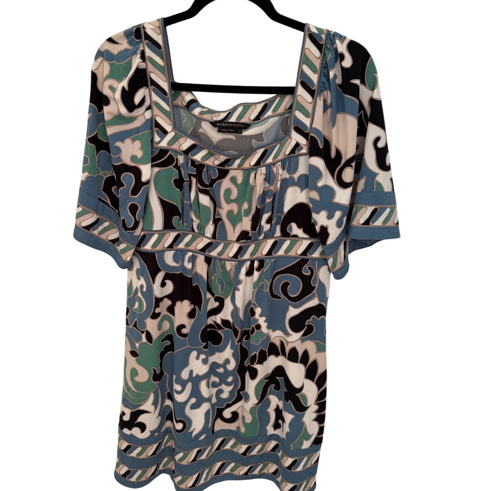 BCBGMAXAZRIA Blue Abstract Scroll Print Empire Waist Tunic Mini Dress Womens M