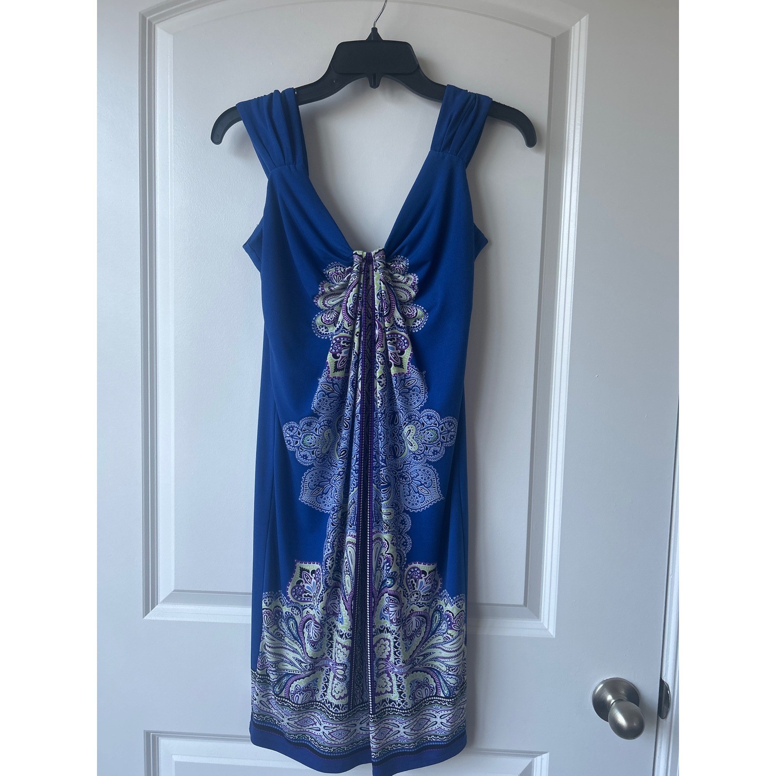New York & Company Blue Paisley Medallion V-Neck Sleeveless Draped Dress XS