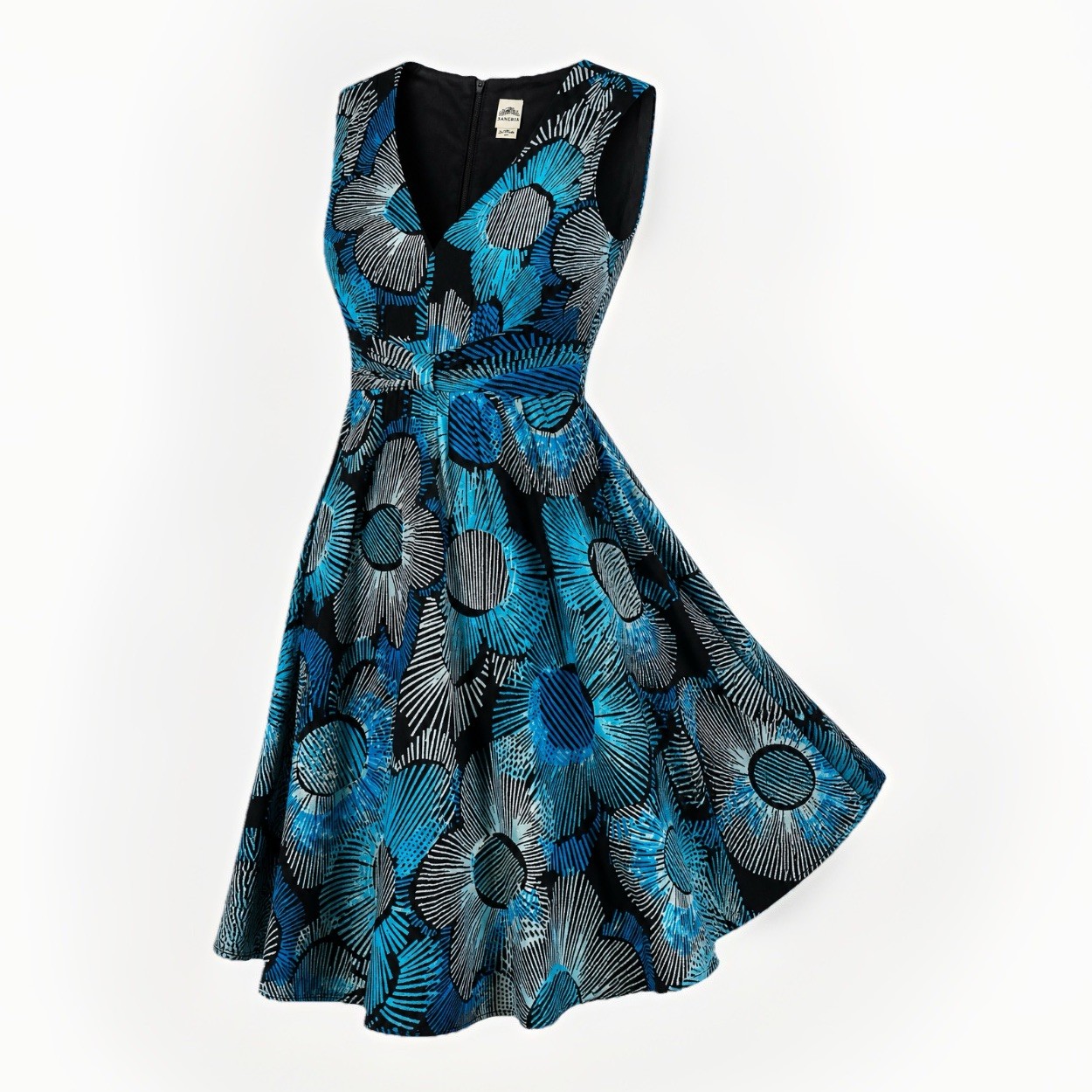 Sangria Dress Women 8 Black Blue Floral Fireworks Fit Flare Sleeveless V Neck