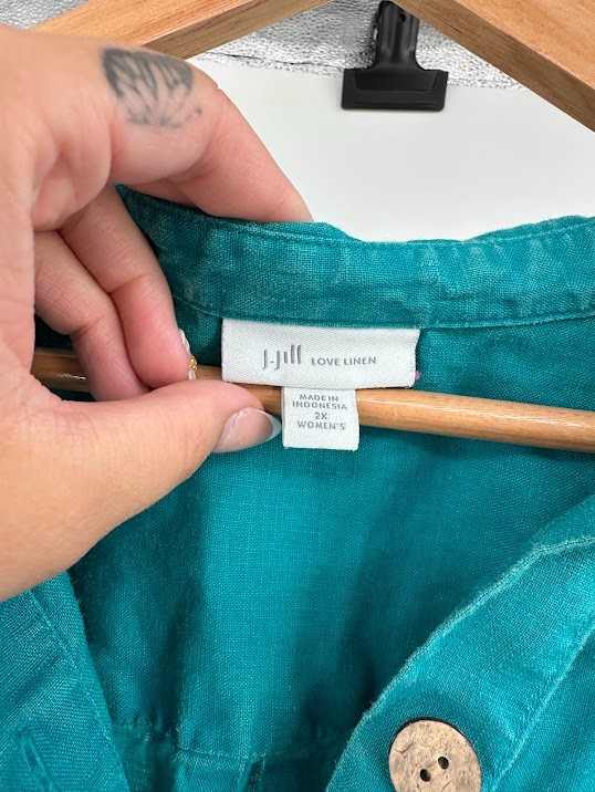 J. Jill Love Linen Shift Button Popover Shirt Dress Women 2X Teal Coastal Beachy