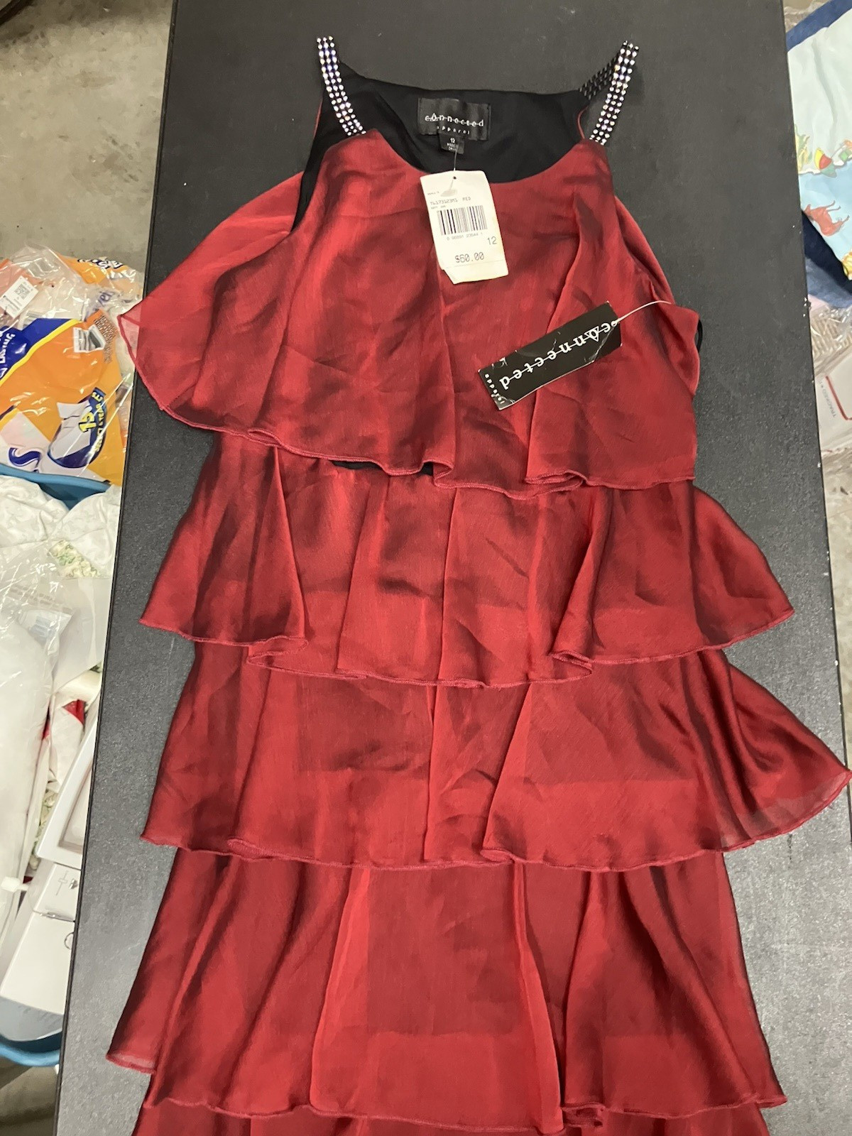Connected Apparel Red Chiffon Maxi Dress Sleeveless Layered Ruffle Size 12
