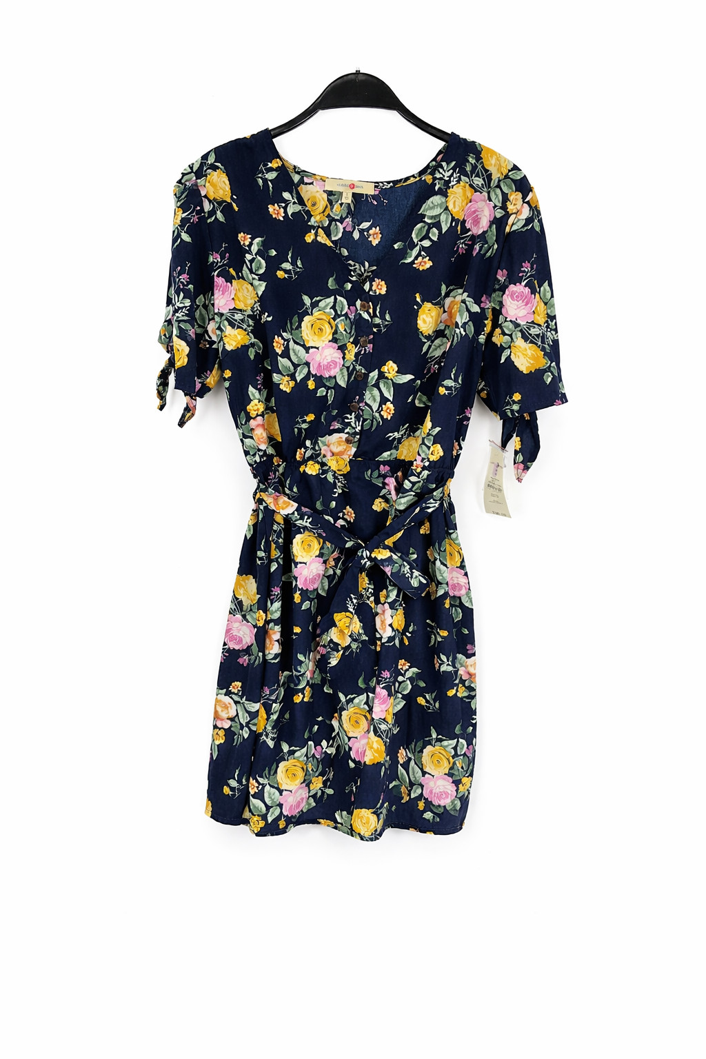 Wishful Park Womens Large Navy Floral Tie Waist Button Front Short Dress
