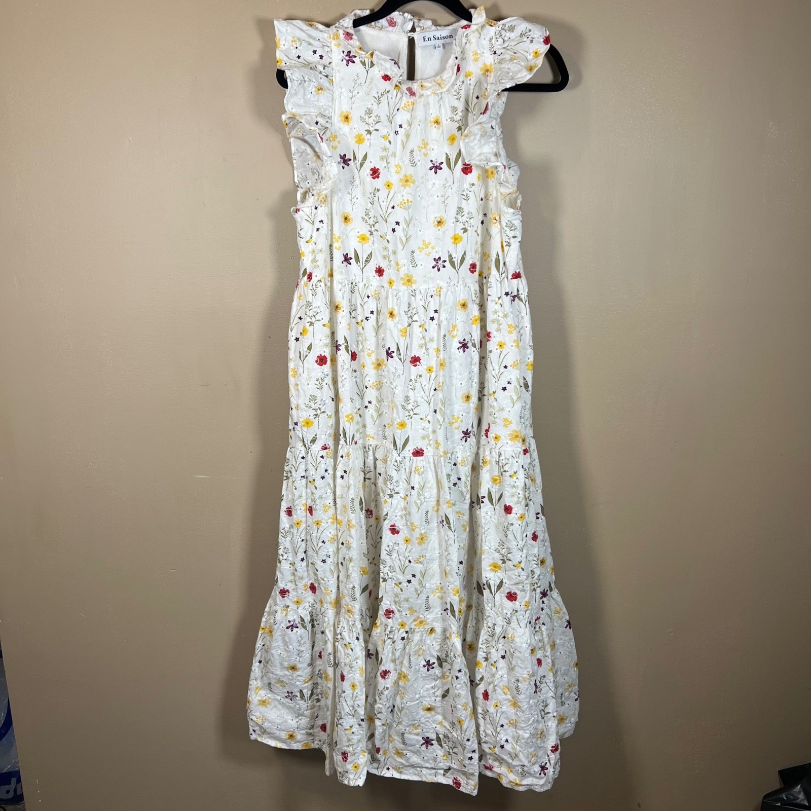 En Saison Floral Eyelet Tiered Midi Dress White Ruffle Cotton L IEG2210D