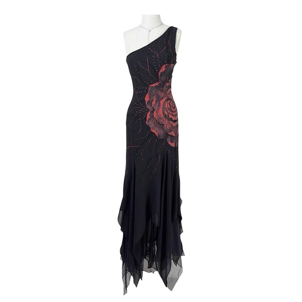Vintage Black Chiffon One Shoulder Beaded Rose Art Evening Maxi Dress Gothic XS