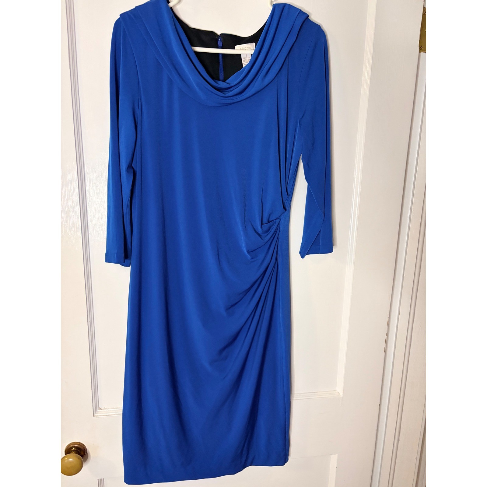 Chicos Royal Blue Cowl Neck Ruched Sheath Dress 3/4 Sleeve Size 1 Medium