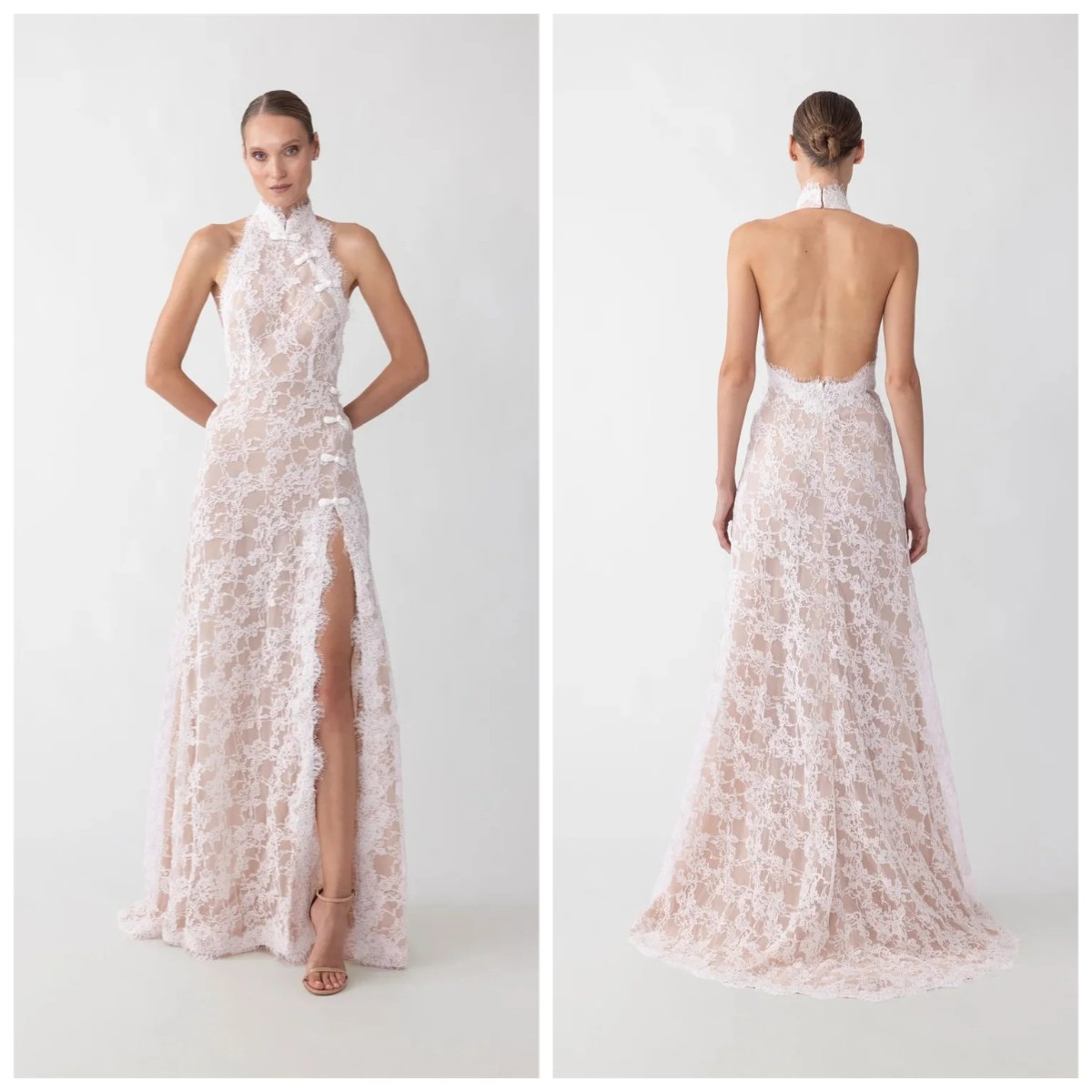 Elegant Halter Collar Wedding Dress Sleeveless Side High Slit A-line Bridal Gown