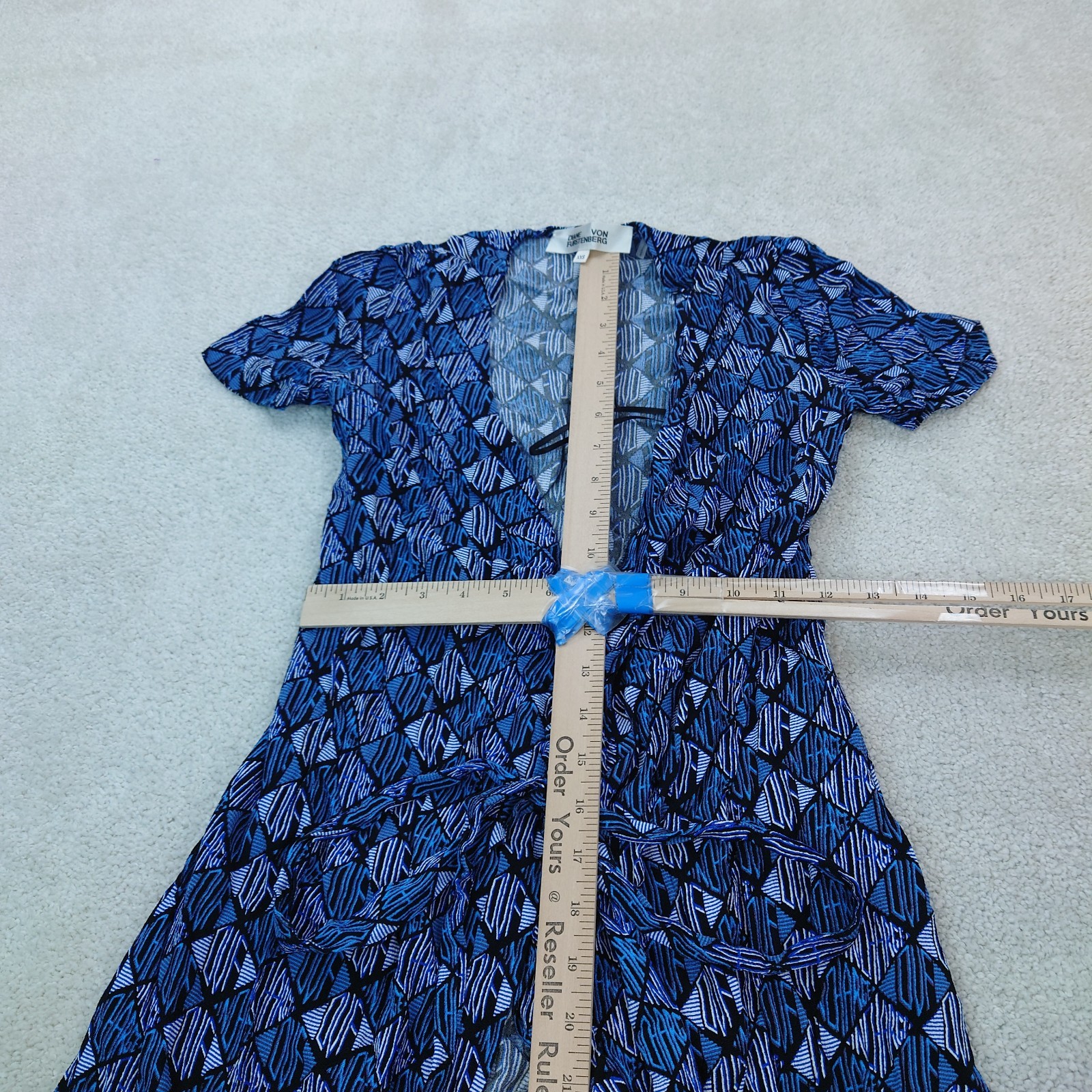 Diane Von Furstenberg Blue Logo DVF Monogram Geometric Diamond Wrap Dress XXS