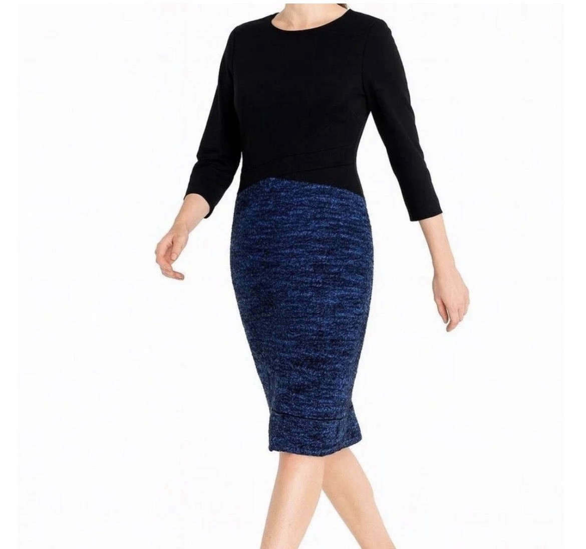 Avalon Mixed Media Sheath Midi Dress | Black & Blue Textured | Size 2