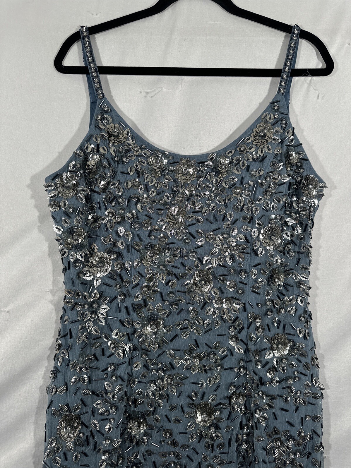 NWT Mac Duggal [ 10 ] 5477 Floral Embellished Scoop Neck Gown Slate Blue #S1601