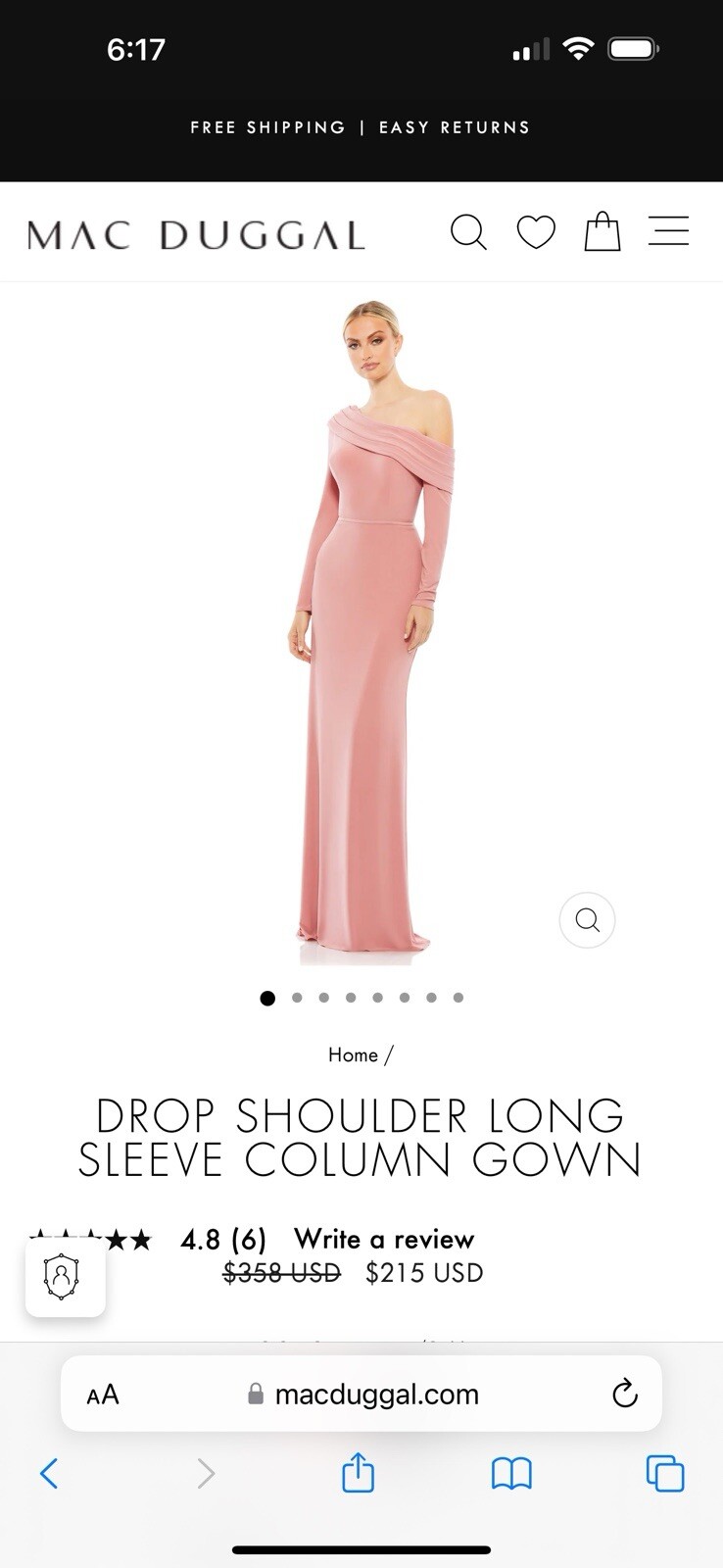 NWT Mac Duggal DROP SHOULDER LONG SLEEVE COLUMN GOWN 26595 Rose Gold 16