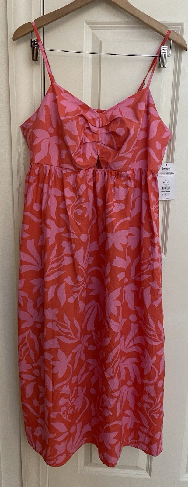 Time and Tru Pink Maxi Dress Sz L Floral Tropical Cotton Cut Out Stretch Pockets