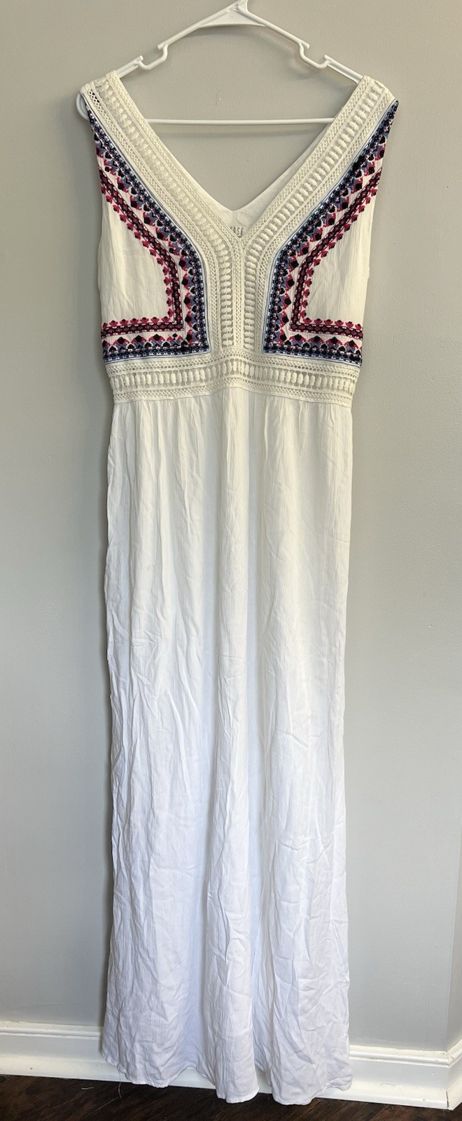 Spence Sleeveless Red/White/Blue Embroidered Crinkle Maxi Dress Size S Boho Chic