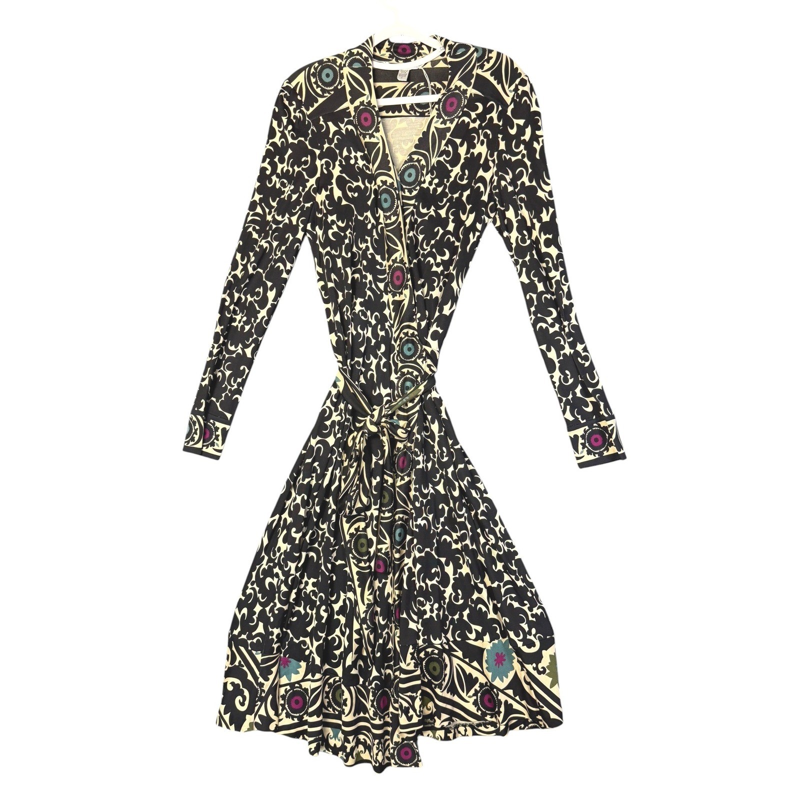 Diane von Furstenberg Julian Silk Jersey Wrap Dress Black Cream Floral Size 12