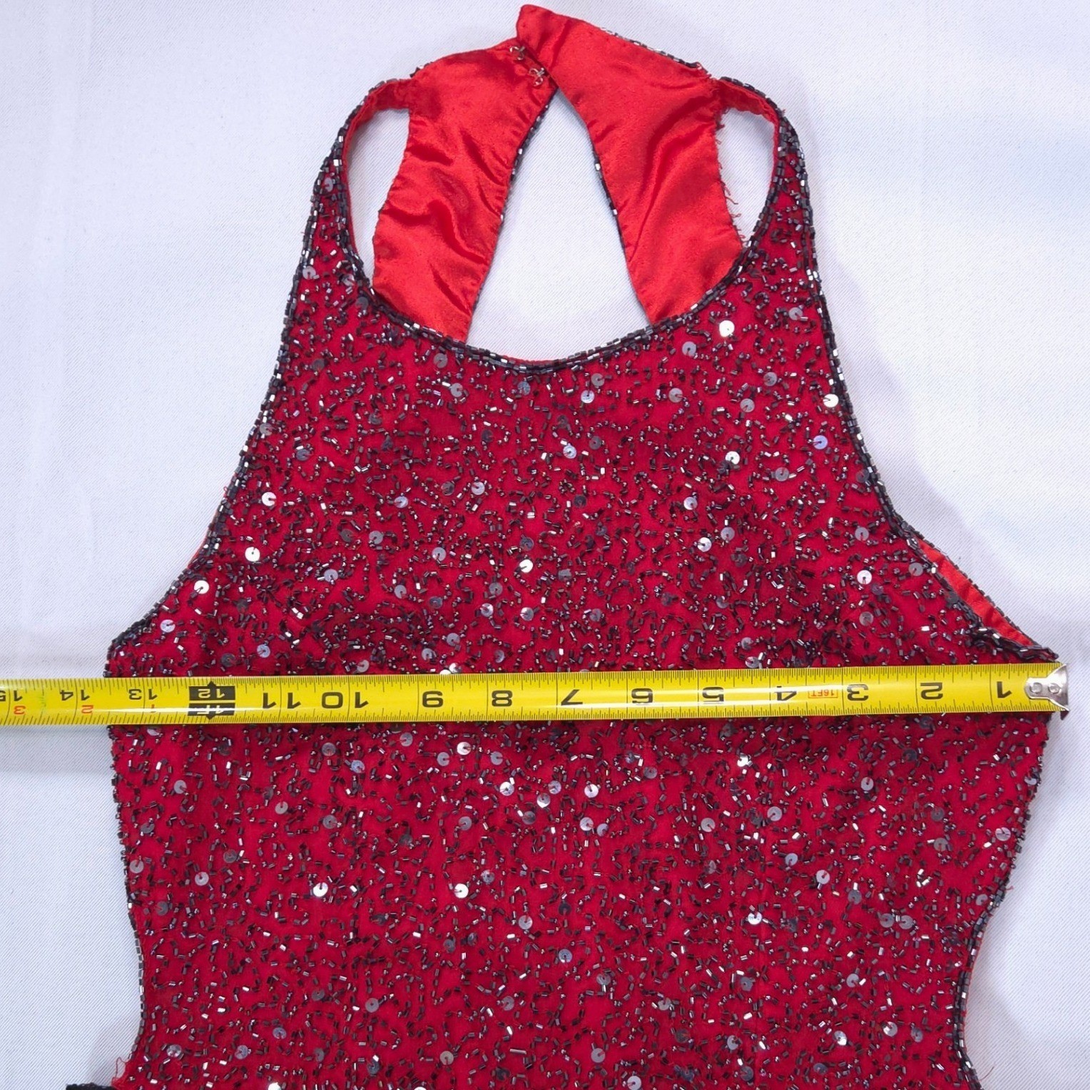 Vtg Scala Beaded Silk Halter Open Back Evening Gown Dress S Red Cocktail Y2K