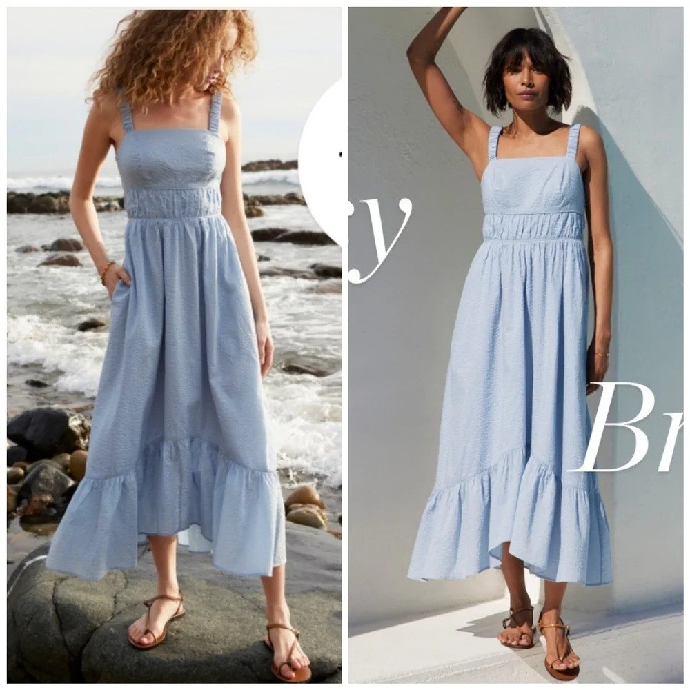 AYR Blue Seersucker Happy Hour Cotton Midi Dress Smocked Back Pockets XS Coastal