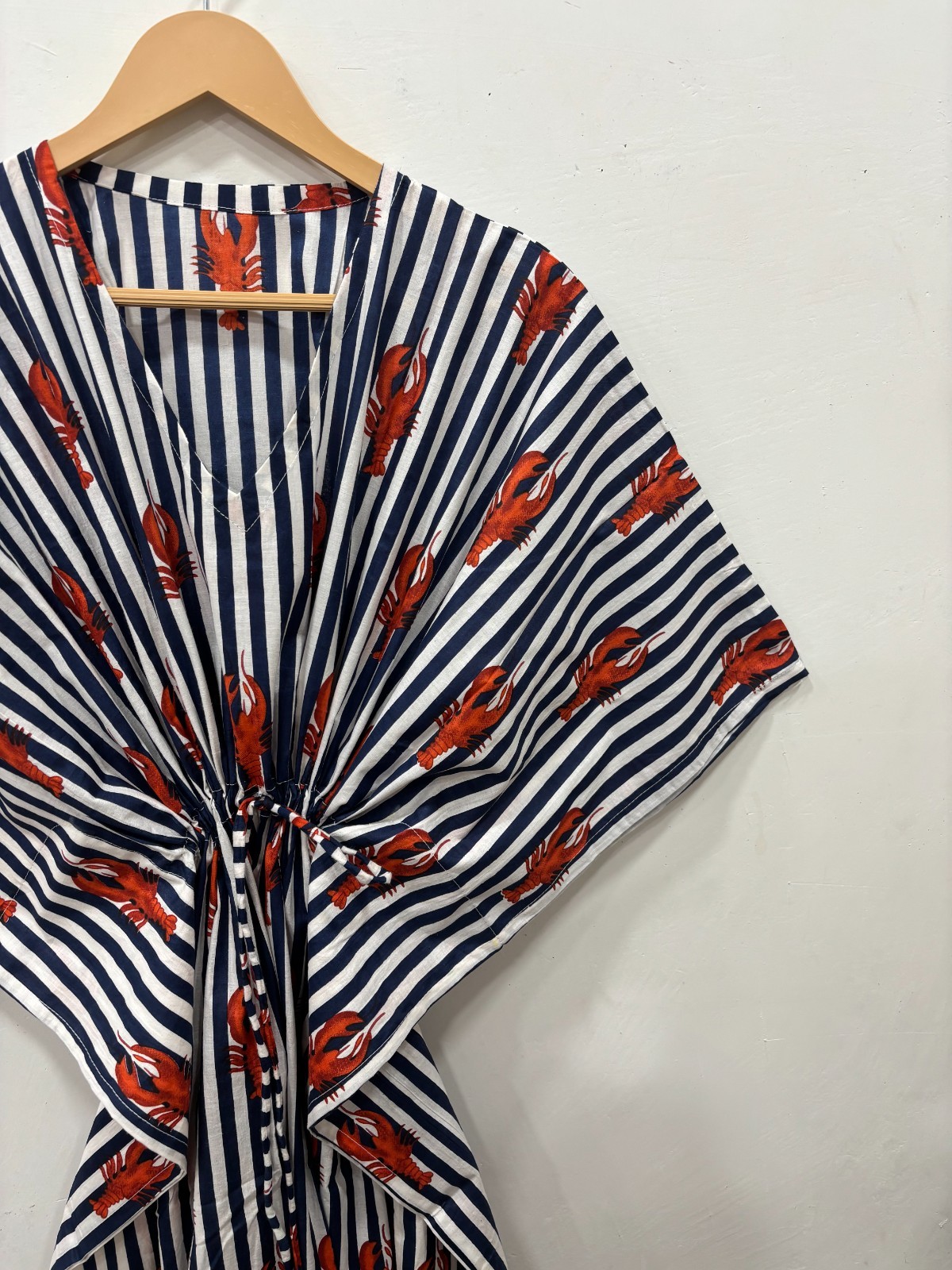 Women Striped Lobster Cotton Kaftan Dress Beach Cover Up Resort Wear