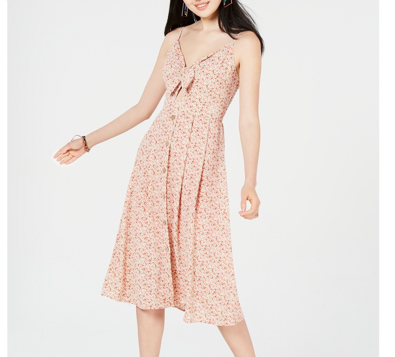 City Studio Junior Womens M Pink Green Floral Tie Front Lined Midi Dress NWT