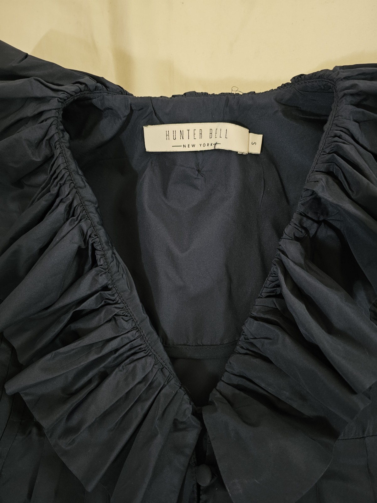 Hunter Bell Sullivan Ruffled Neck Puff Sleeve Mini Dress Navy SZ Small