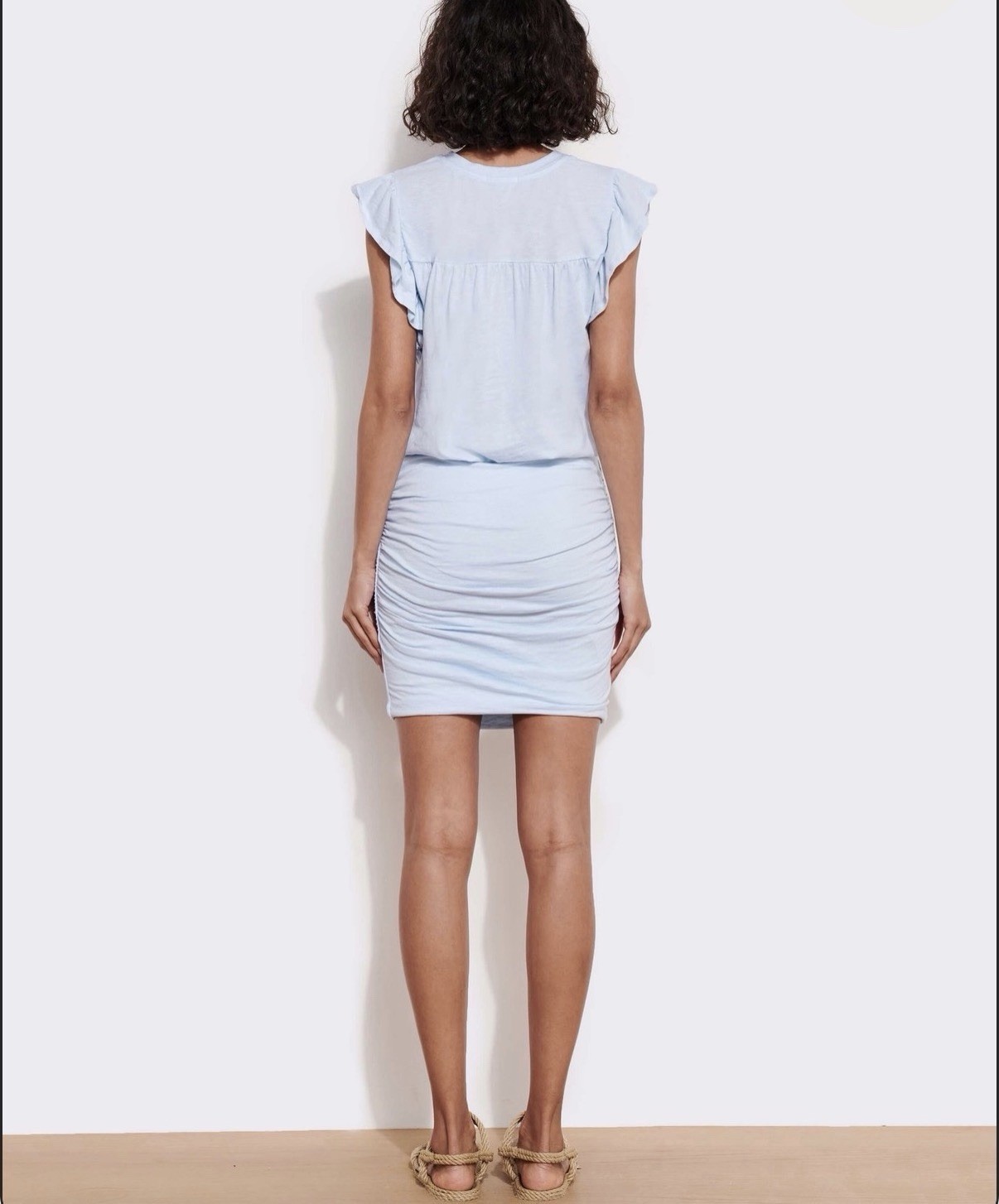 Sundry Light Blue Ruffle Sleeve Ruched Mini Dress Size 1 Cotton Chic Casual