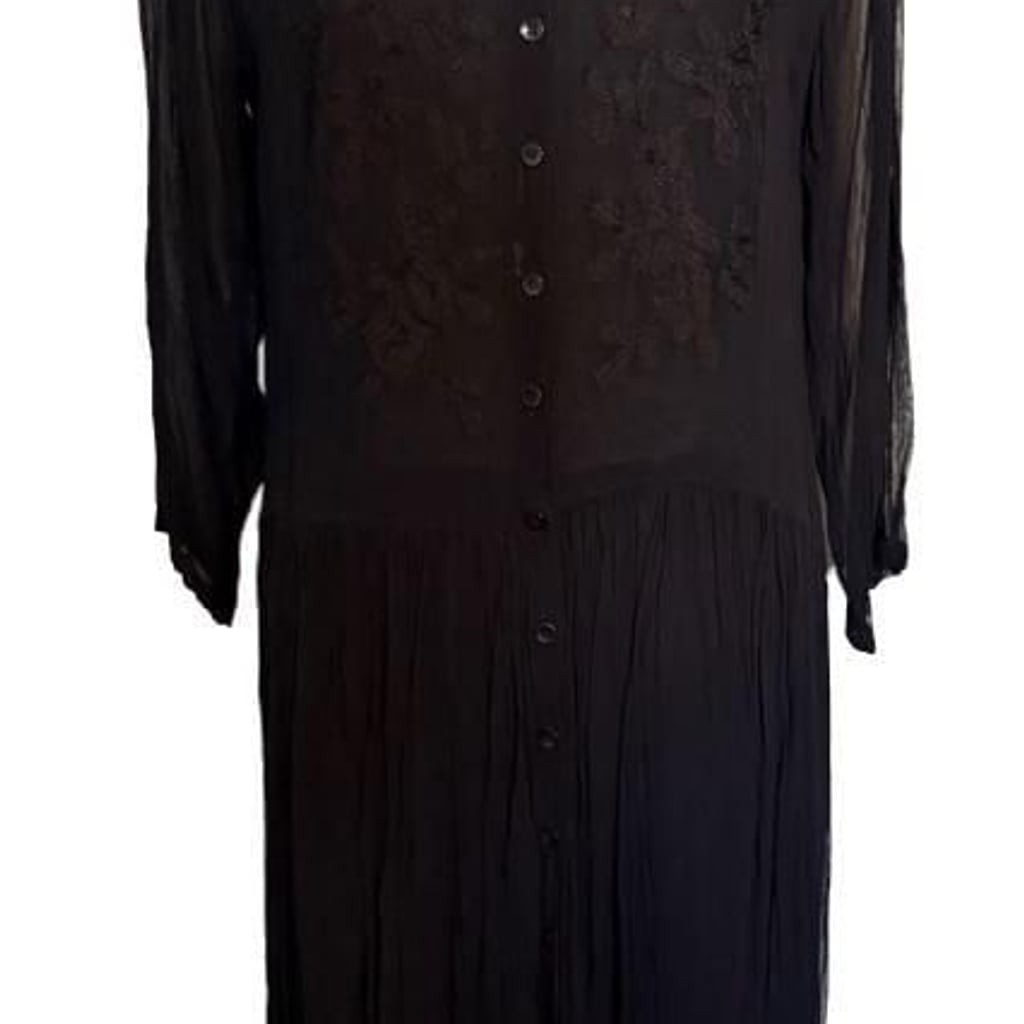 Rare VTG Whimseygoth Nostalgia Black Button-Front Midi Dress Embroidered Floral
