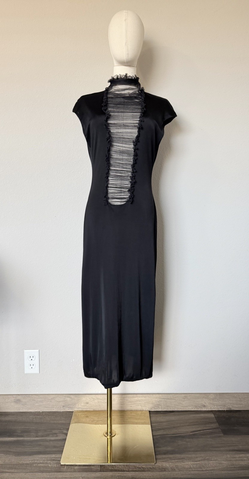 Y2K 90s Vintage Vera Wang Size 10 Black Rushed Mesh Midi Dress Silk Blend *READ
