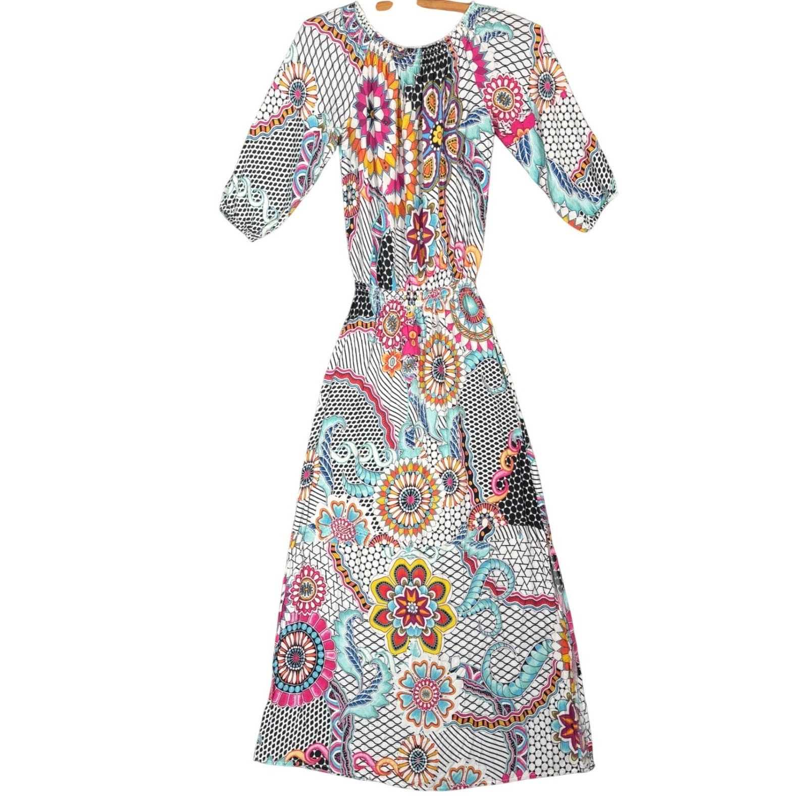 Desigual Womens Multicolor Geometric Floral Smocked Maxi Dress EU 36 US S Boho