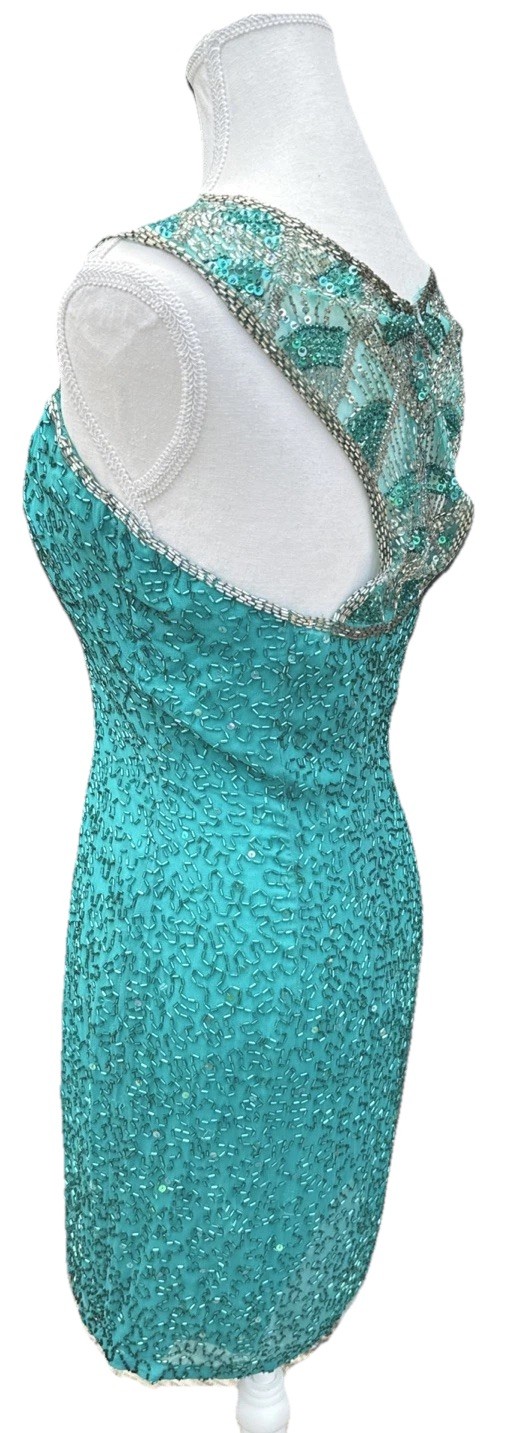 Cache Beaded Sequined Teal Formal Evening Dress Sz 8 Party 90s Y2K Flapper NYE