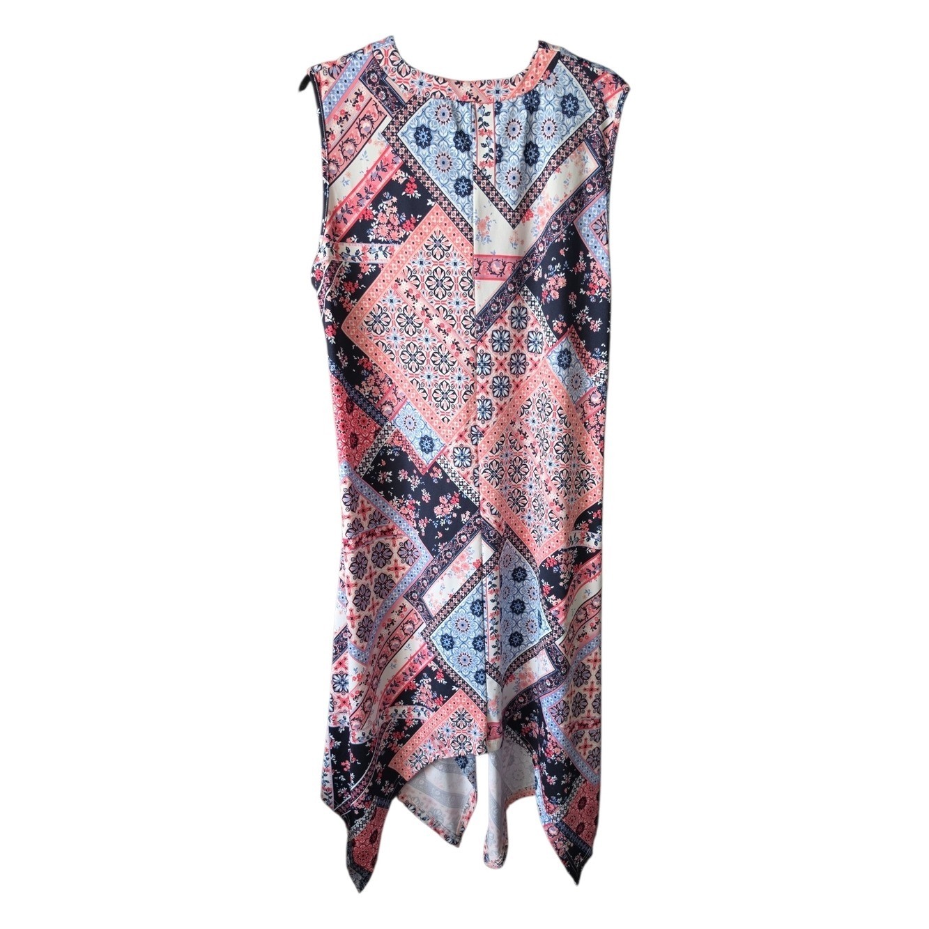 NINA LEONARD | Patchwork Bandana Handkerchief Hem Stretchy Tie Neck Dress | XL