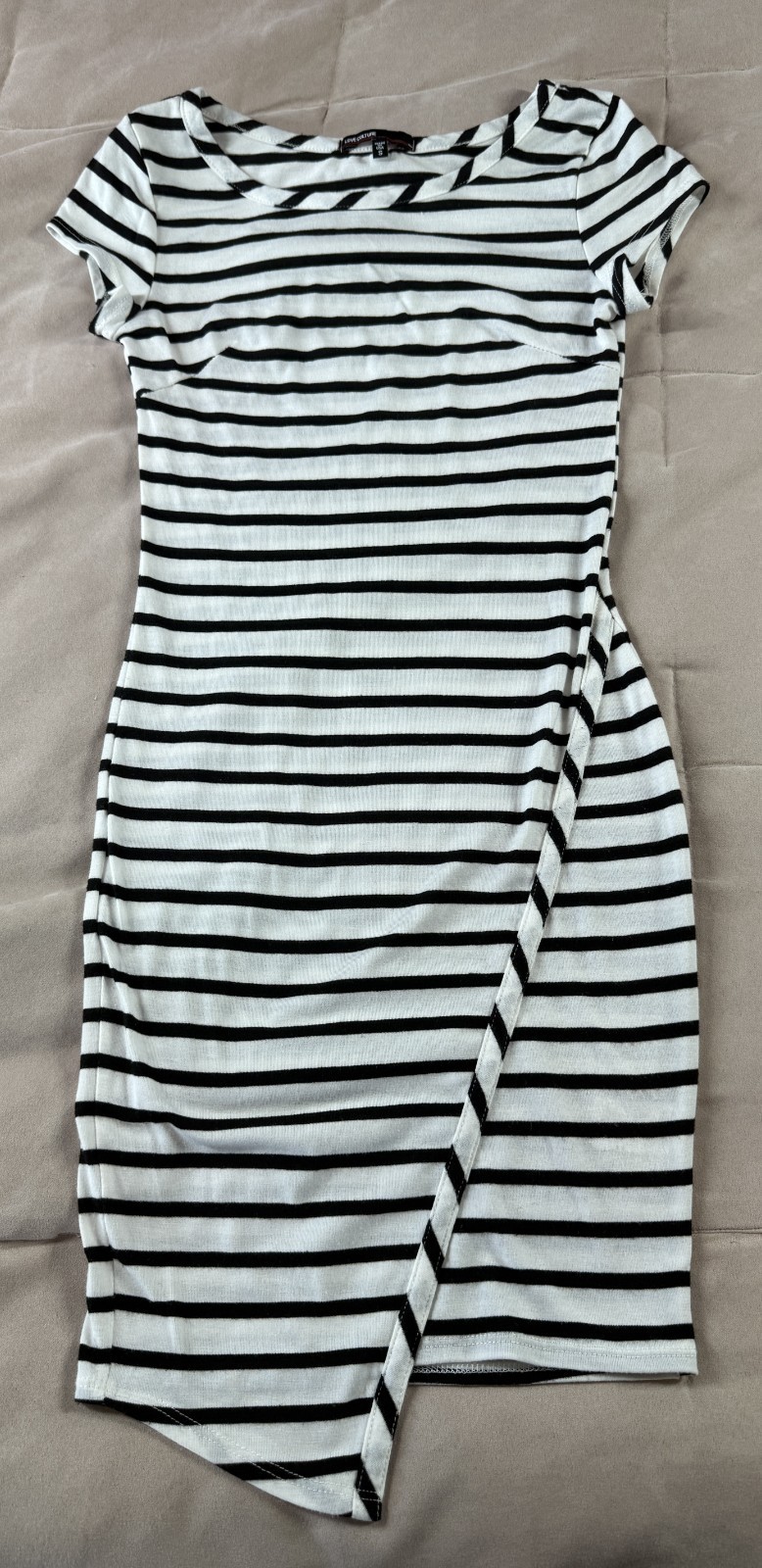 LOVE CULTURE Womens Short Sleeve Asymmetrical Dress Black White Stripes Size S