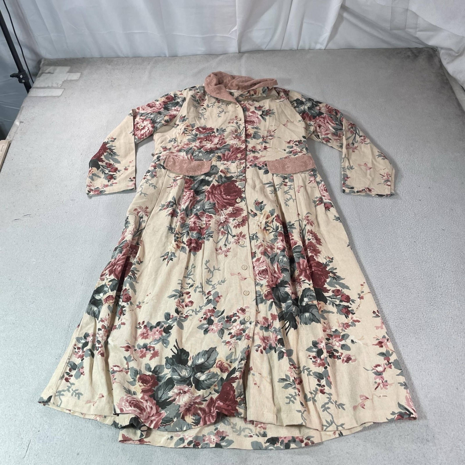 April Cornell Dress Womens Large Floral Maxi Prairie Cottage Shirt Button Belted