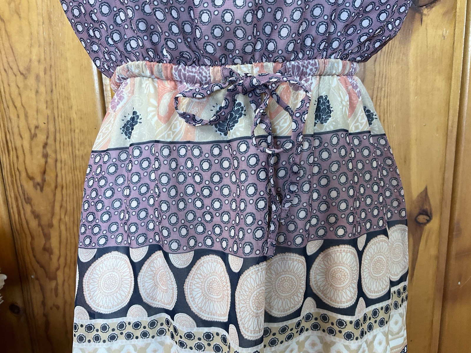 Medium Strapless Dress Purple Tan Paisley Boho Pattern Light Navy Blue Stripe