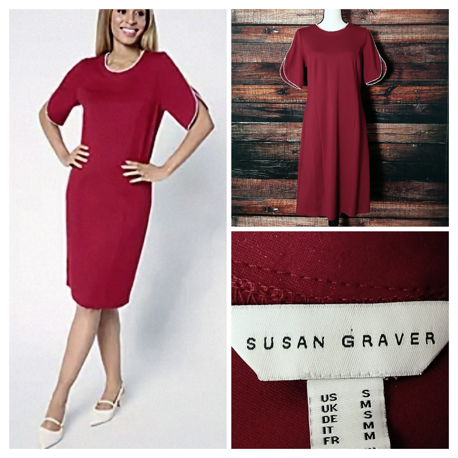 Susan Graver Dress Size S Sangria Red Ponte Faux Pearl Trim Beaded Zip Back
