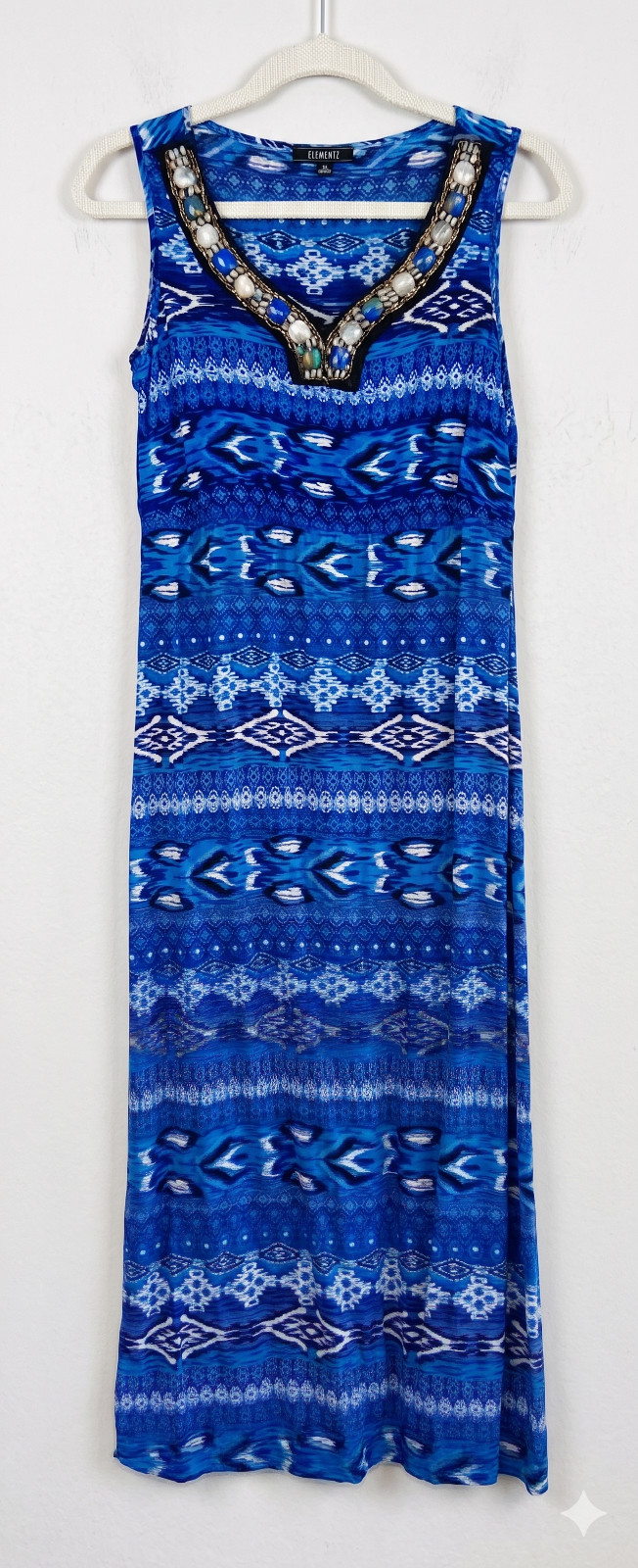 Elementz Petite PS Blue Boho Maxi Dress Jeweled V-Neck Summer Cruise Resortwear