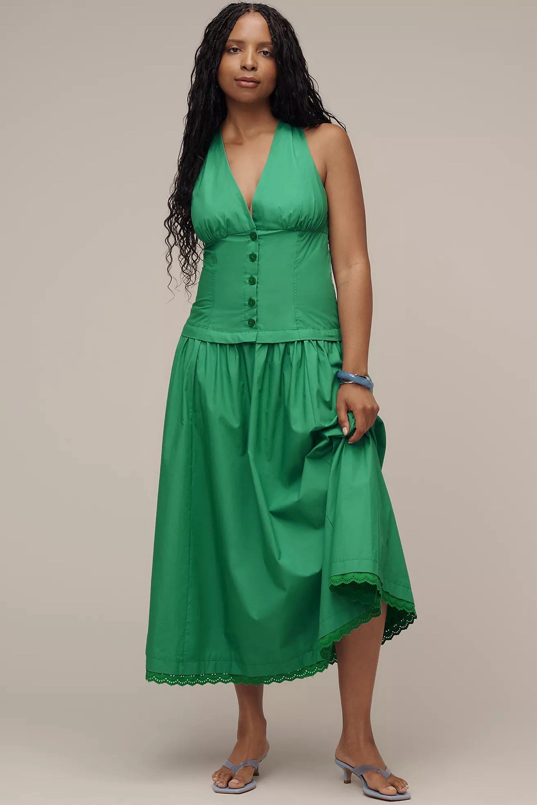 NWT! Anthropologie Maeve Halter V-Neck Drop-Waist Midi Dress Clove/Green Medium