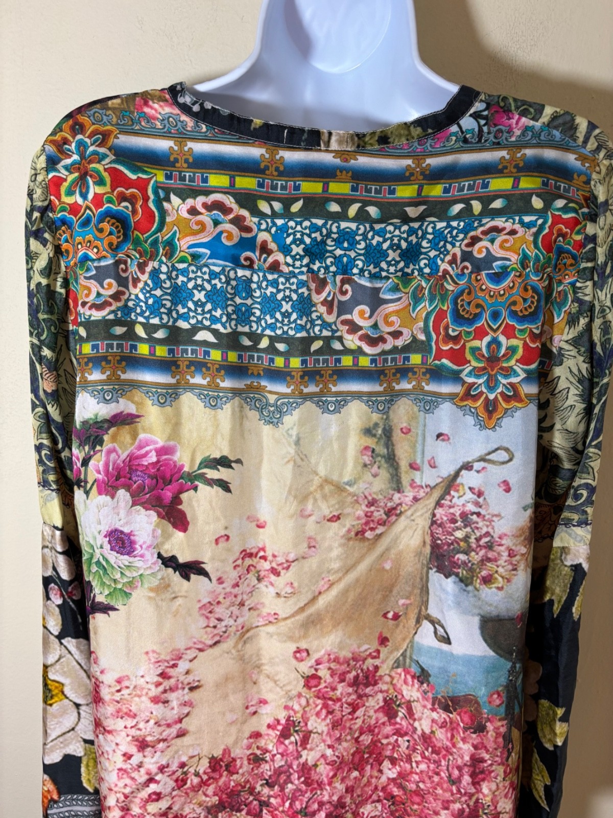 JOHNNY WAS Silk FLORAL PATCHWORK Art to Wear LAGENLOOK Boho TUNIC MINI Dress PS