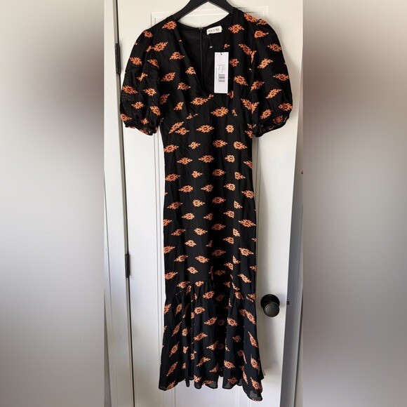 NWT $585 RHODE Ester Plunge V Neck Puff Sleeve MIDI Jacquard Dress – 4