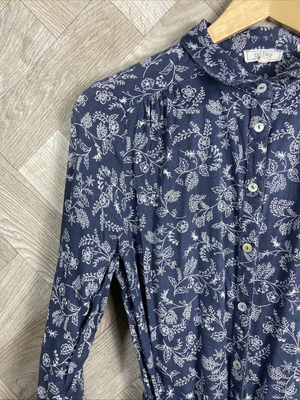 Fat Face Navy & White Floral Button Up Dress Waist Tie Collared Size 10