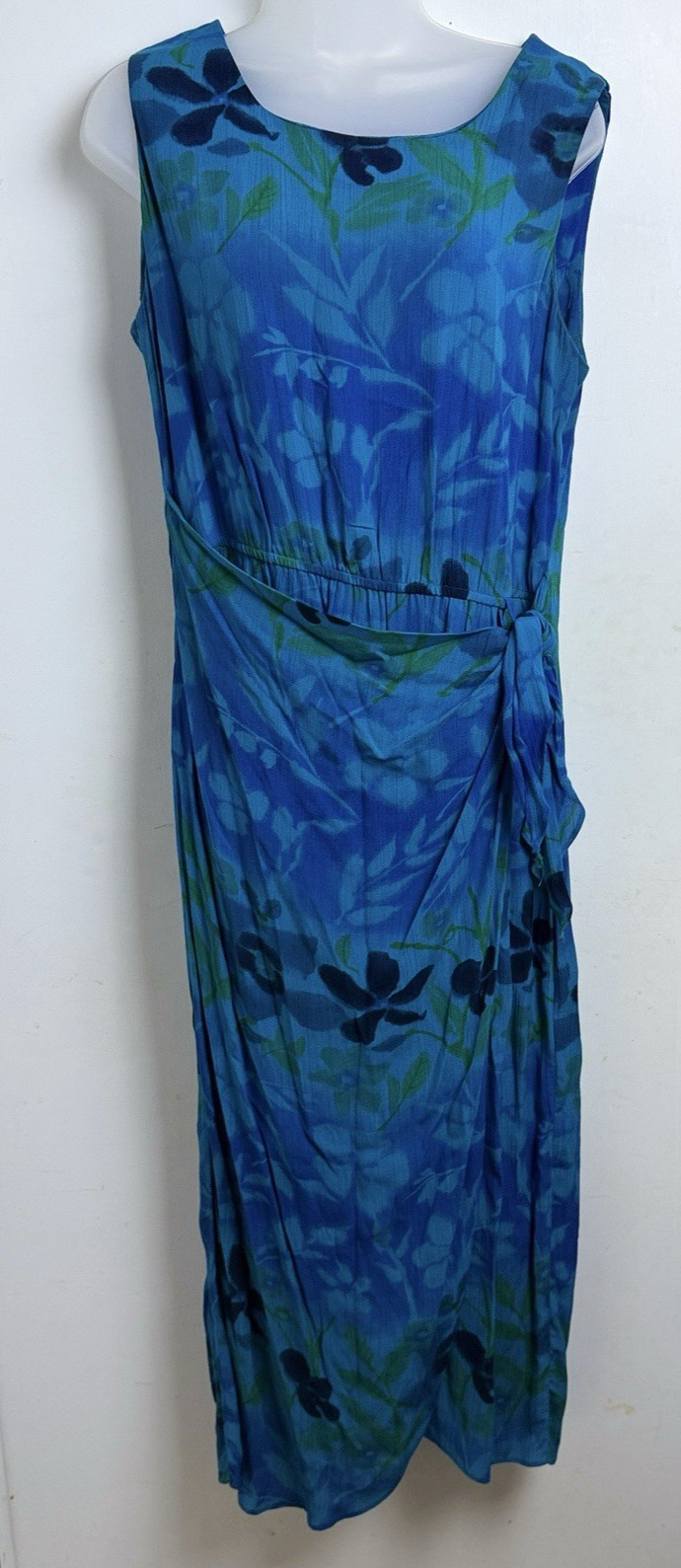 KCSpencer Hawaiian Tropical Floral Faux Sarong Wrap Dress Blue 12P Resort Cruise