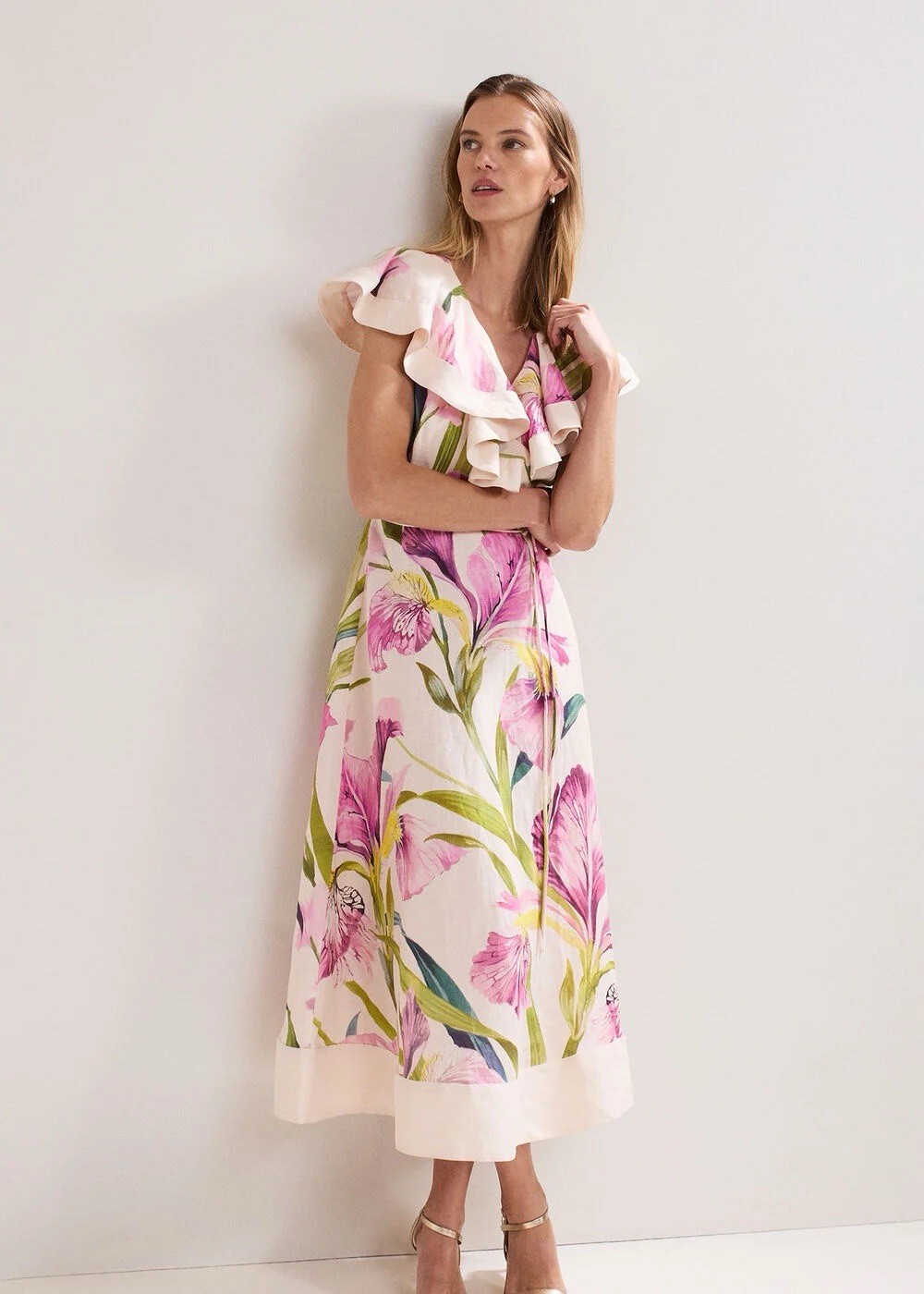 Phase Eight Matlida Floral Linen Ruffle Midi Dress. Multi Size 8. BNWT. RRP £179