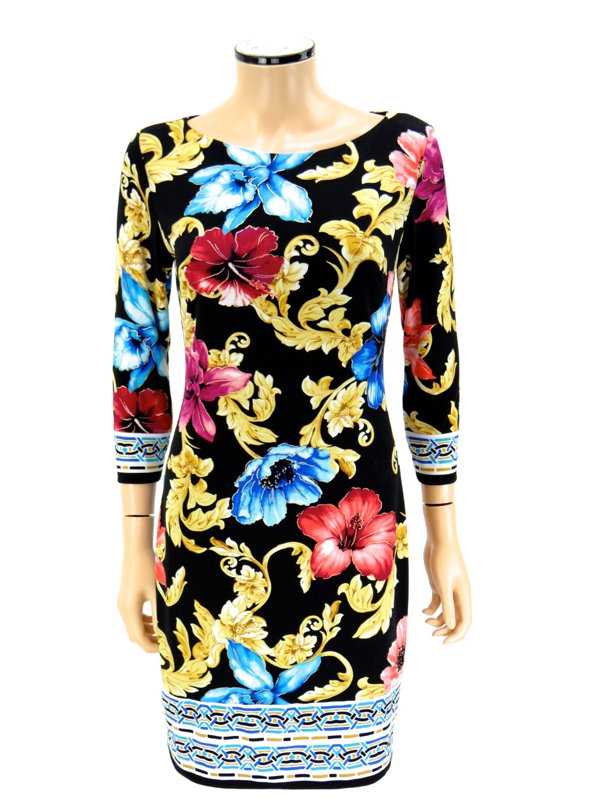 CACHE Sheath Dress SIZE 4 Black Blue Red Pink Gold Tropical Floral Print